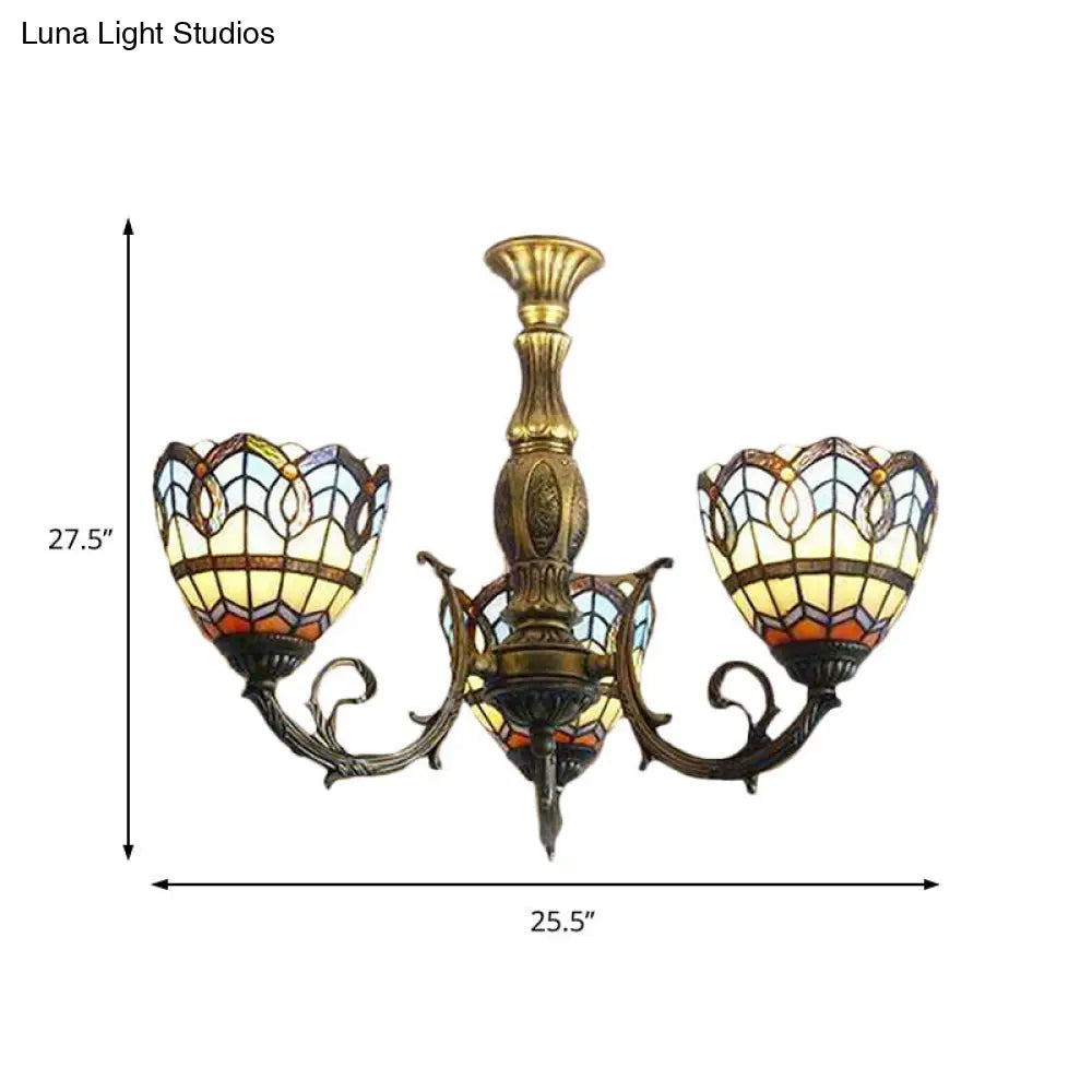 DecorBites™ Brass Stained Glass Dome Chandelier - Baroque Tiffany Style, 3-Light Hanging Fixture for Dining Room