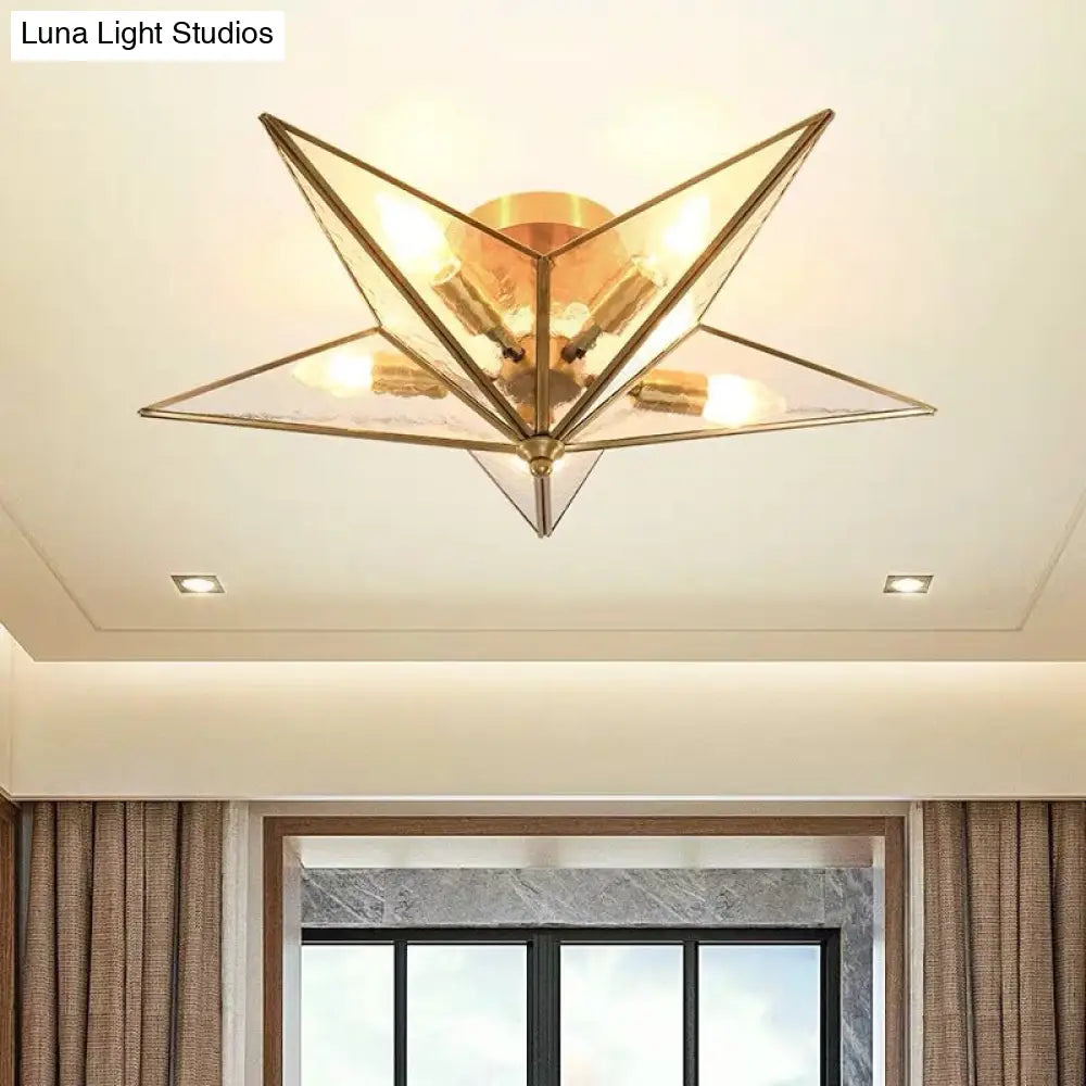 DecorBites™ Brass Textured Glass Star Flush Mount Chandelier - Traditional Ceiling Fixture for Living Room (5 Bulbs)