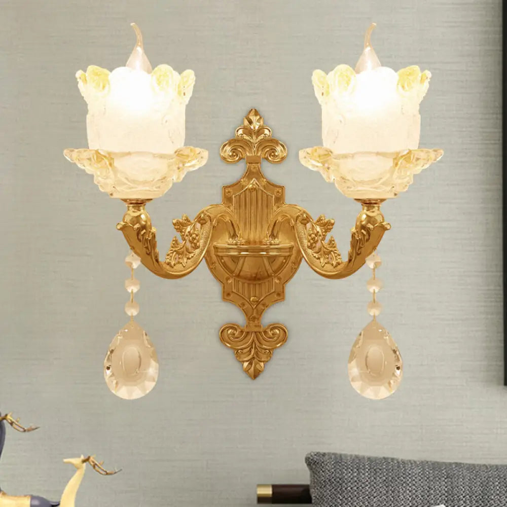 Brass Wall Mount Sconce with Scrolled Arms, Glass Blossom Shade, and Crystal Accents