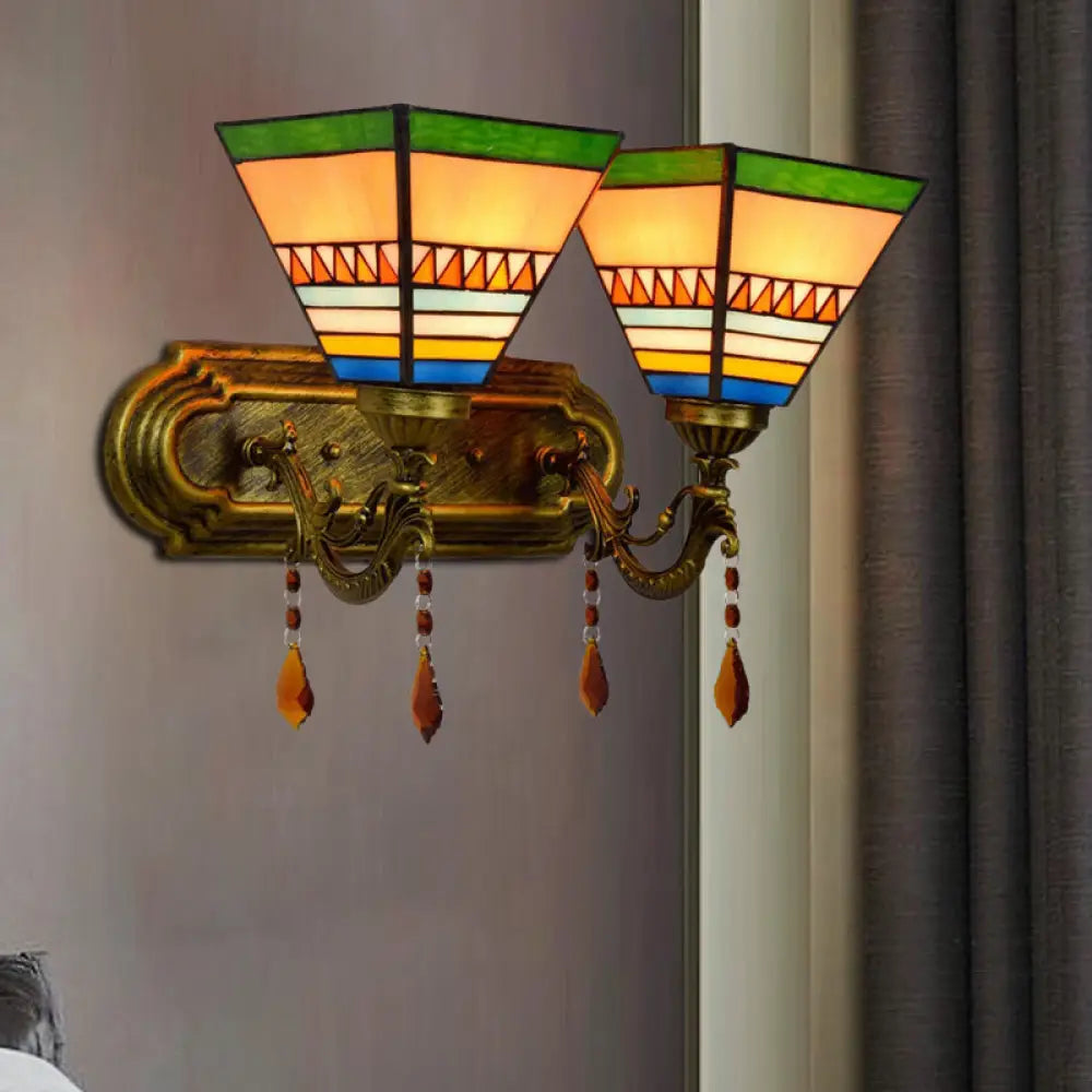 Brass Wall Mounted Lamp with Stained Glass Mission Design and Dual Bulbs