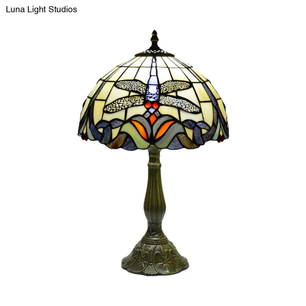 Bronze Dragonfly Tiffany Night Light Table Lamp with Hand-Cut Glass for Bedside