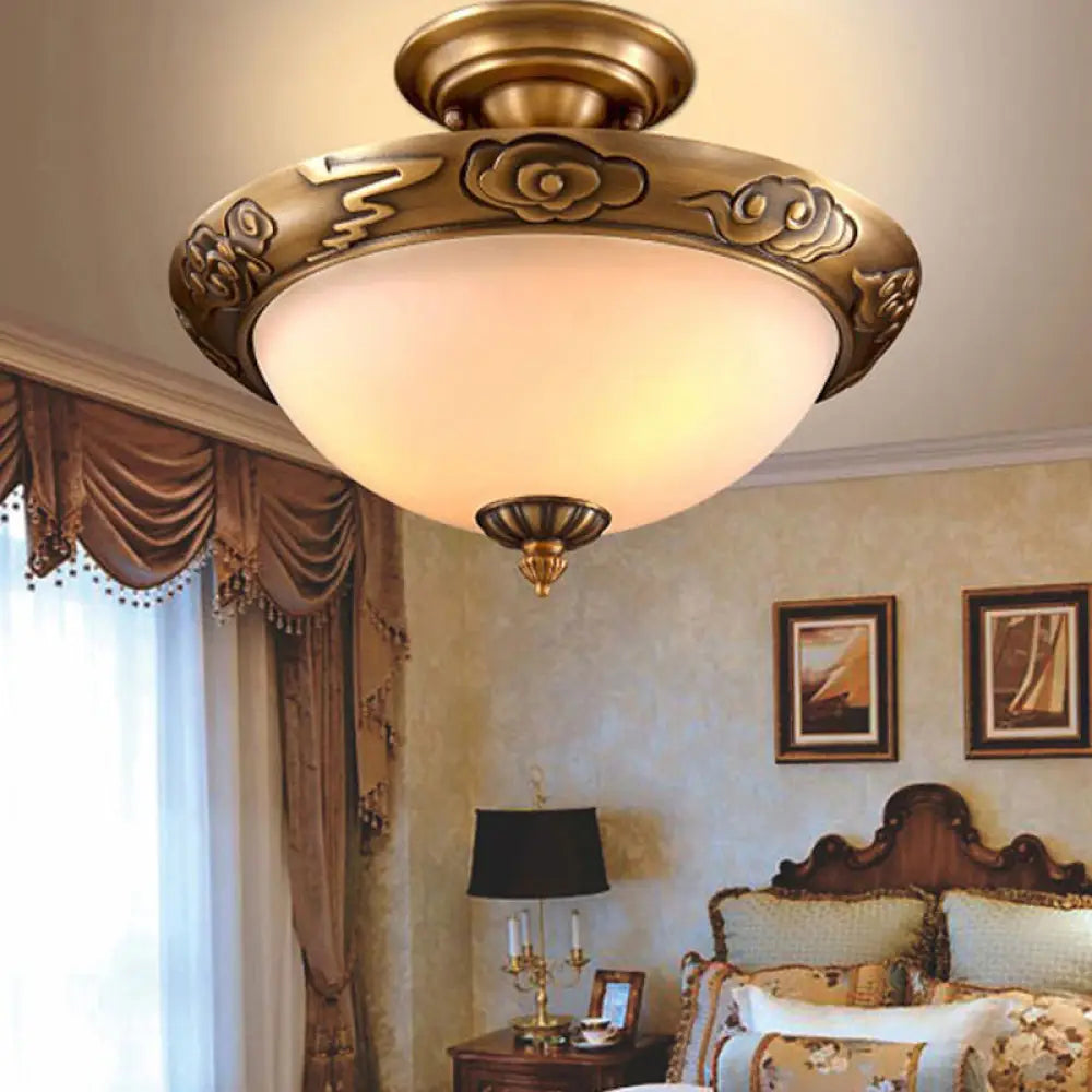DecorBites™ DecorBites™ Bronze Semi Flush LED Ceiling Light with Milk Glass Bowl and Carved Edge