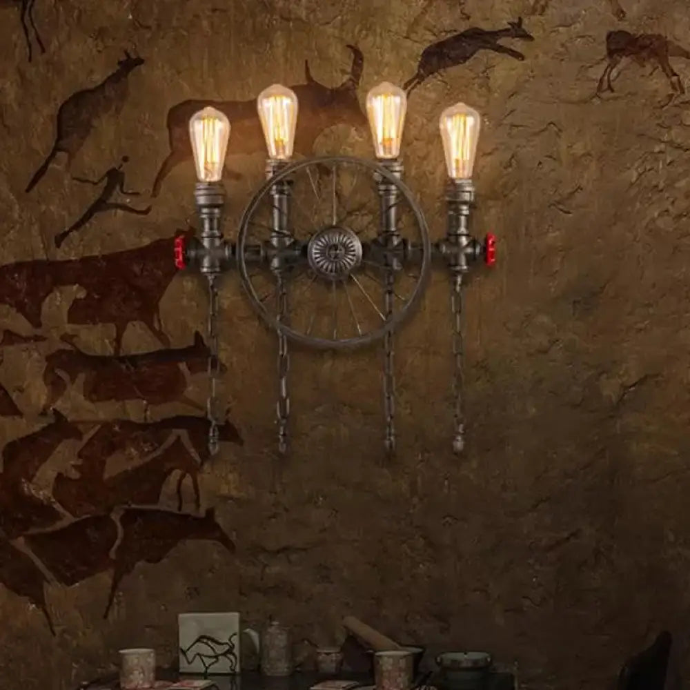 DecorBites™ Bronze Steampunk Wall Sconce with Chain and Valve - 2/4-Head Iron Light Fixture