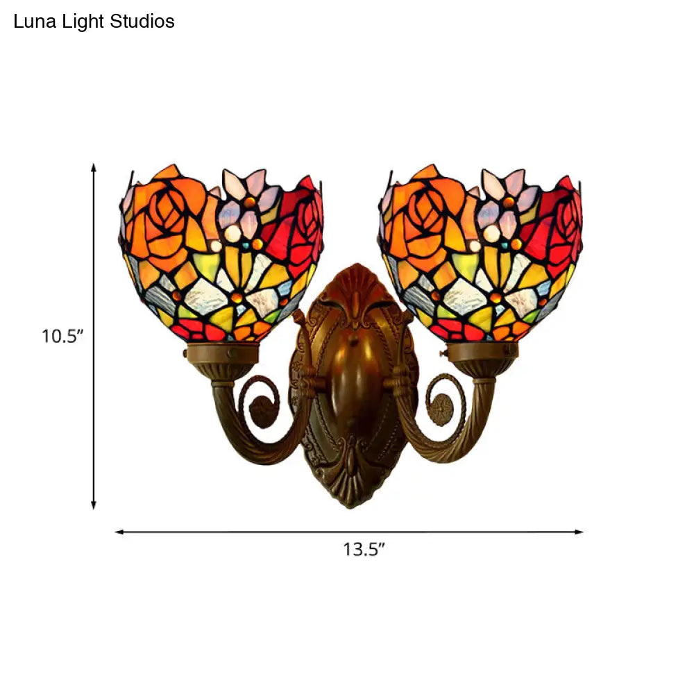 Bronze Tiffany Rose Stained Glass Wall Sconce with Bowl Shade - 2-Light Wall Lamp