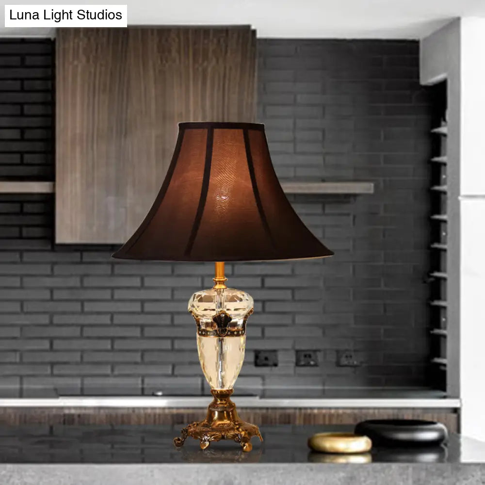 Brown Crystal Nightstand Lamp with Cone Fabric Shade - Single Head Table Light for Rural Ambiance