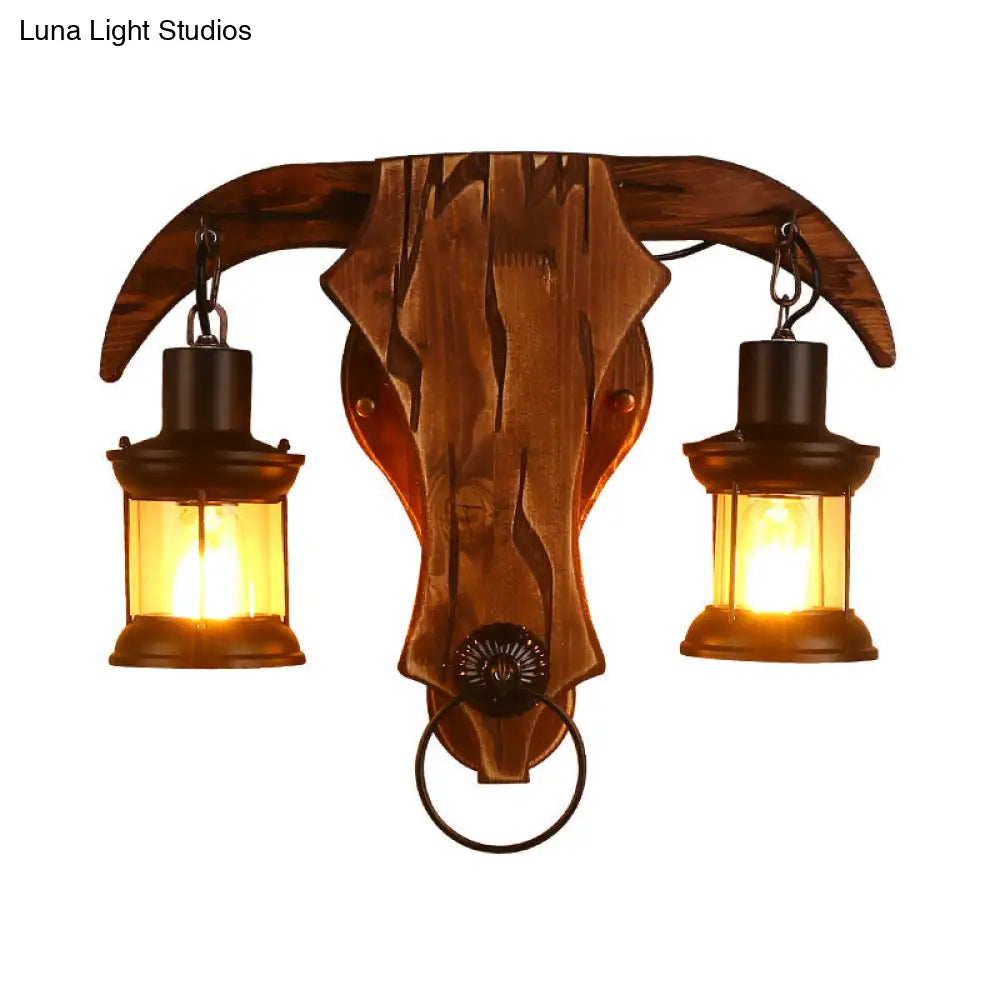 مصباح حائط على شكل ثور - طراز ريترو، مع لمبتين، مصنوع من الخشب والمعدن، وغطاء فانوس
