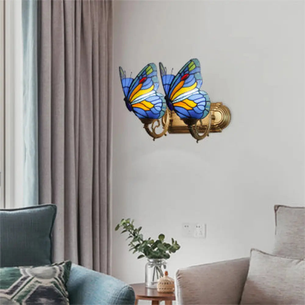 Butterfly Sconce Stained Glass Rustic Vanity Lighting with 2 Lights in Brass for Lodge Décor