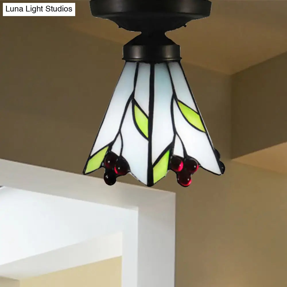 DecorBites™ Cafe Leaf and Flower Stained Glass Ceiling Mount Light - Tiffany Rustic White Fixture