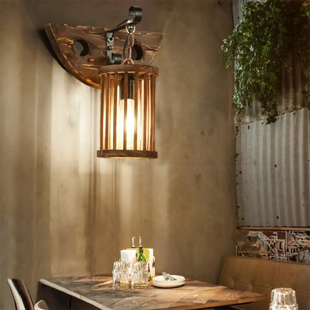 DecorBites™ DecorBites™ Cage Sconce Industrial 1 Light Wood Lodge Wall Light for Coffee Shop