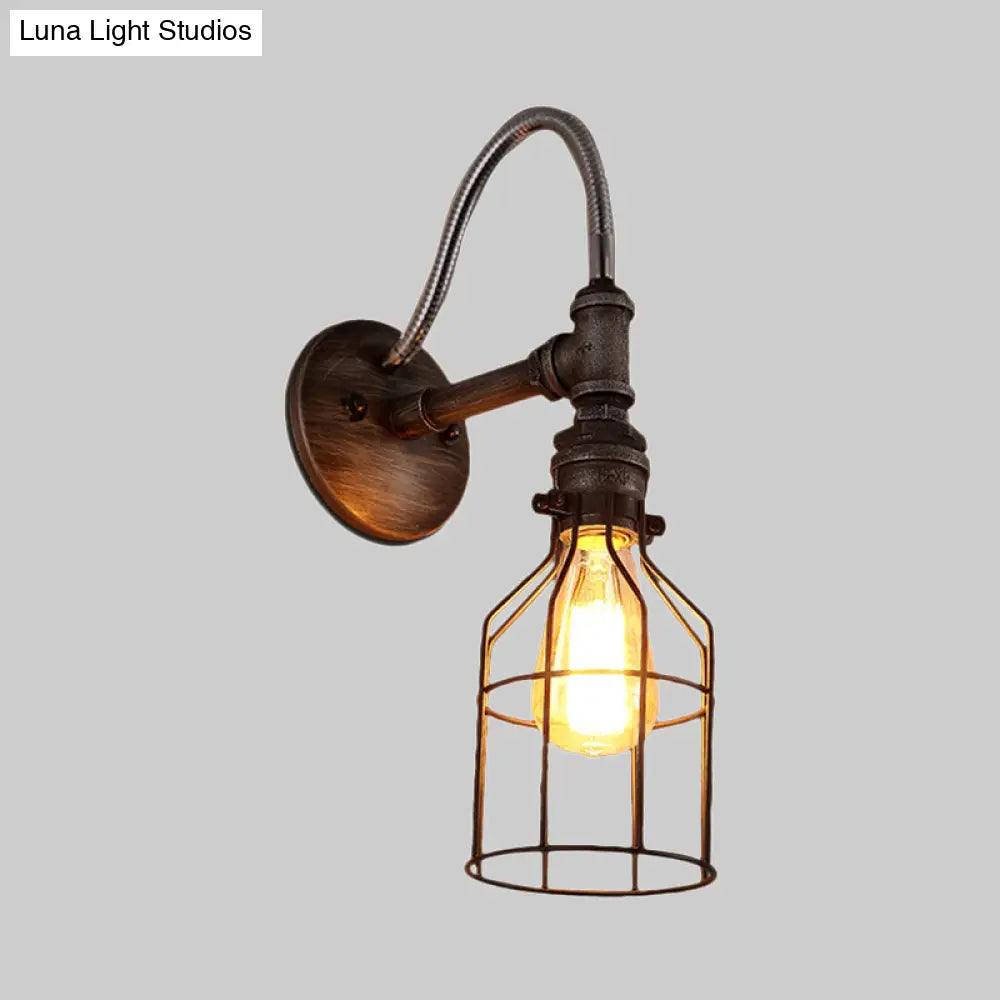 Caged Wall Light with Gooseneck Arm - Rustic Metal Sconce Fixture