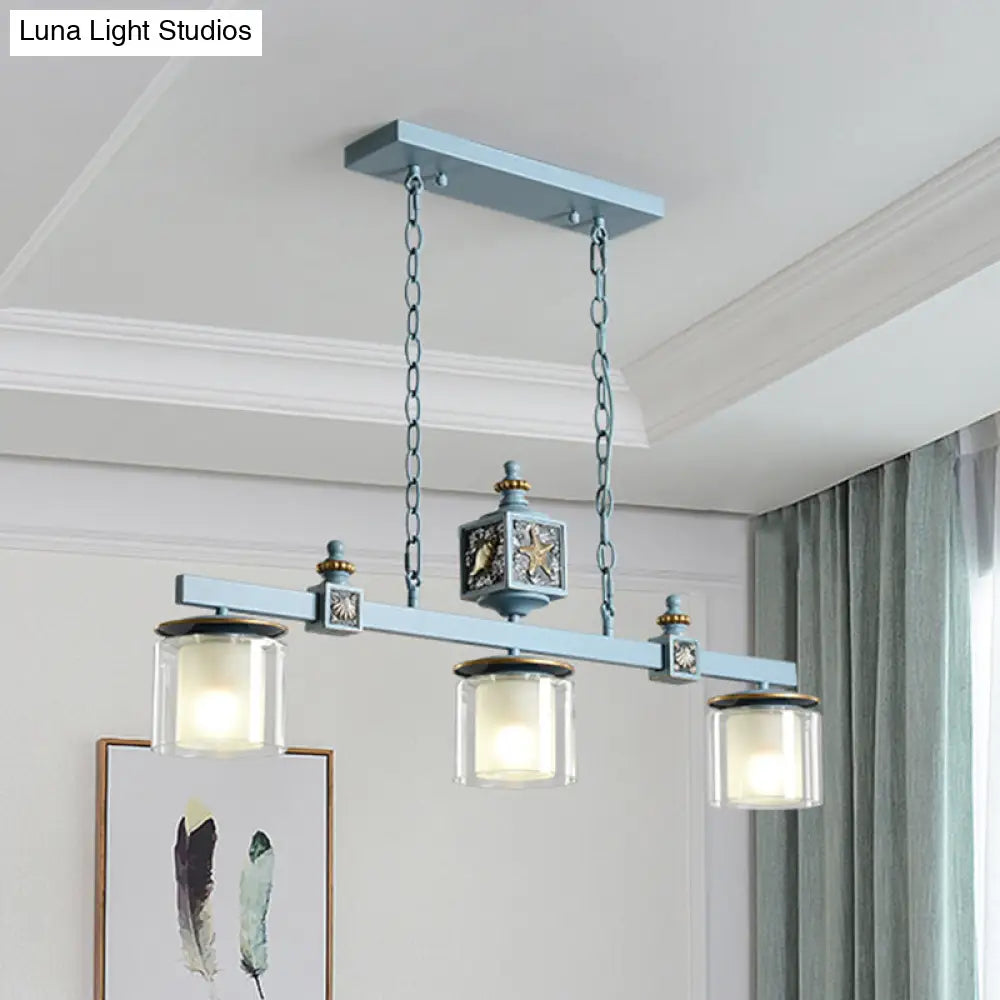 DecorBites™ Cartoon 3 Bulbs Island Pendant Light with Dual Cylinder Pendulum Sky/Water Blue Glass Shades