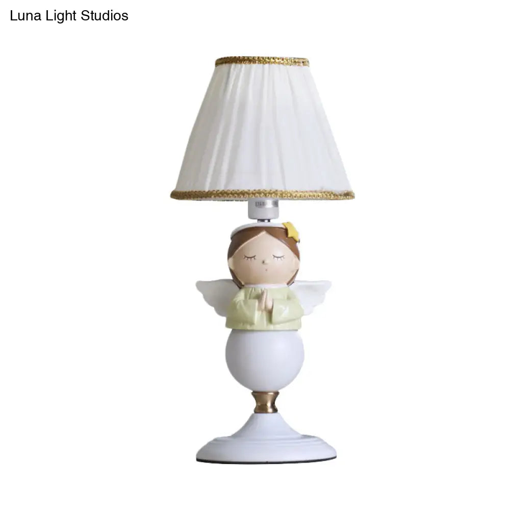 Cartoon Resin Angel Nightstand Lamp with 1 Bulb and White Bucket Fabric Shade