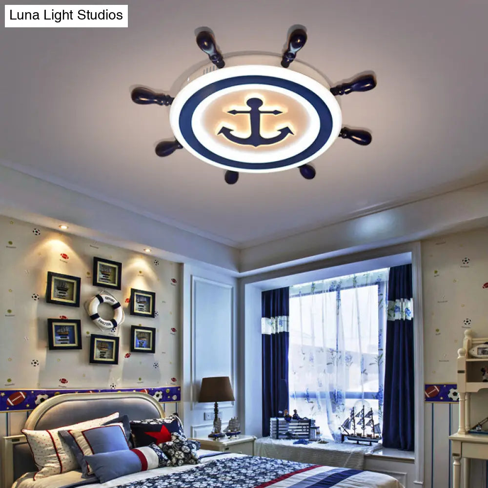 DecorBites™ Cartoon Style Blue Round LED Flush Mount Light Fixture with Wood and Acrylic Accents and Rudder Design