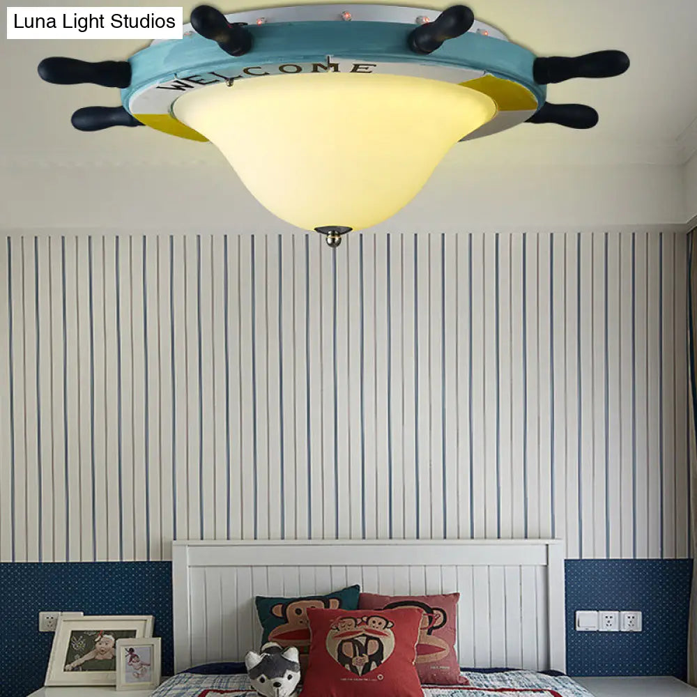 DecorBites™ Cartoon Style Rudder Flush Ceiling Light - LED Metal Lamp for Children's Room, White/Blue with Frosted Glass Shade