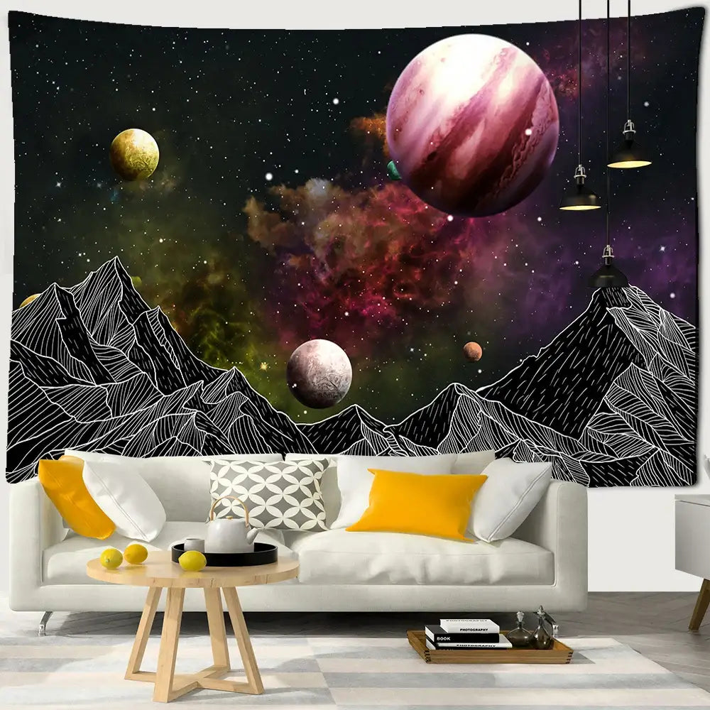 Celestial black and white stars mandala tapestry featuring vibrant nebula planets and outlined mountains for bedroom decor