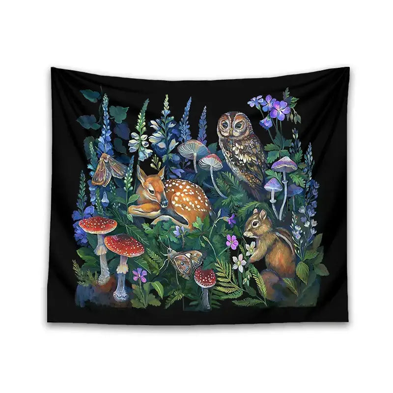 Black celestial mushroom botanical wall hanging tapestry with whimsical forest scene featuring fawn owl chipmunk