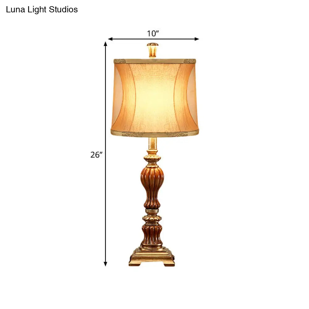 Céline - Retro Drum Design Living Room Night Table Lamp Retro Style Fabric 1-Bulb Brown Desk Light with Square Pedestal