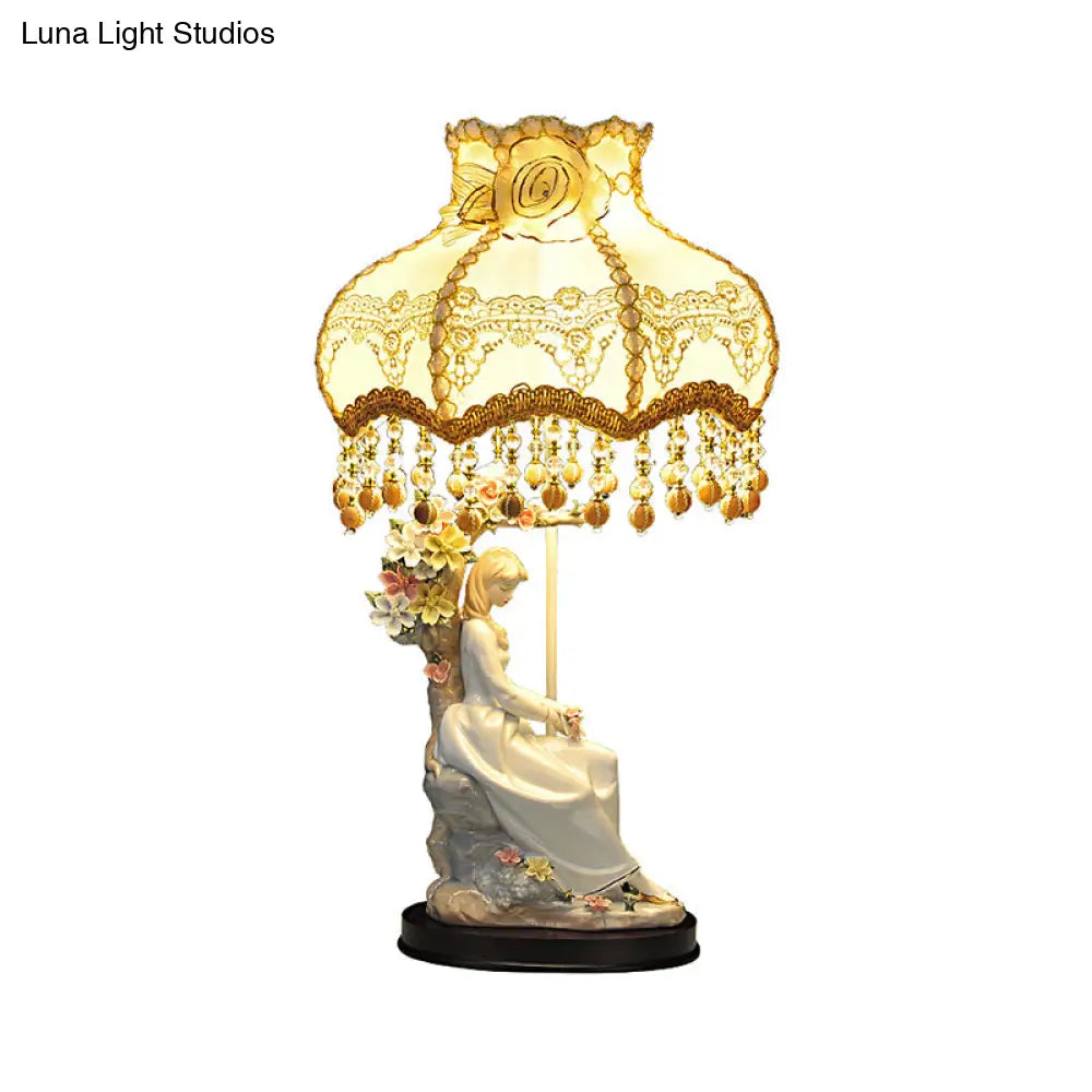 Charming Ceramic Girl Night Light Countryside Single Beige Table Lamp with Fabric Shade and Pendant