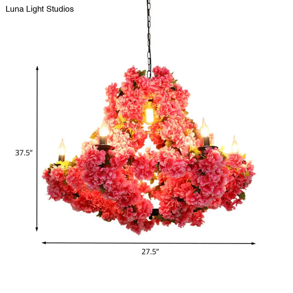 Cherry Blossom Chandelier: Antique Pink Metal Pendant Light with 7 LED Lights for Restaurants