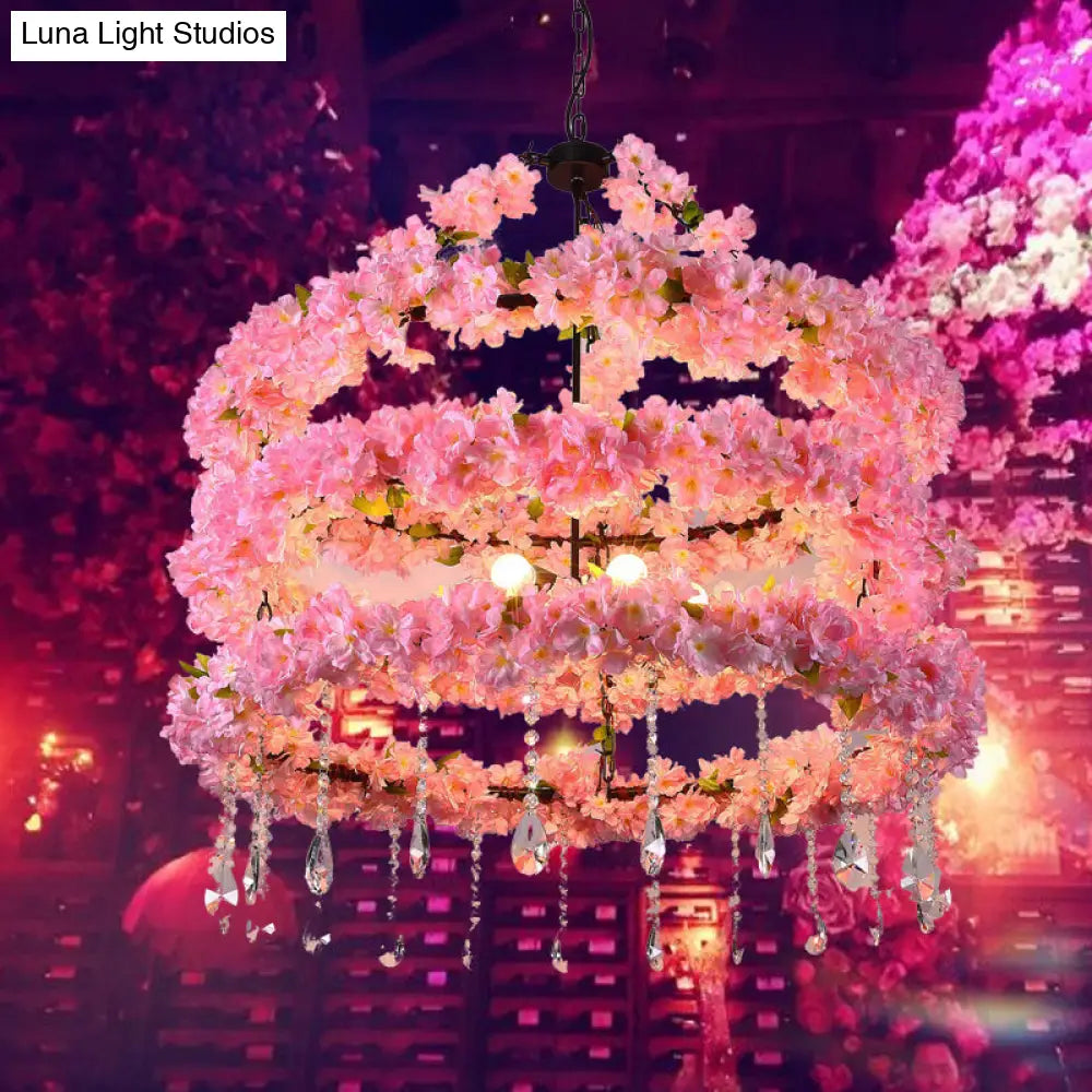 Cherry Wreath Chandelier - 6-Bulb Loft Style Pink Metallic Ceiling Light with Crystal Deco