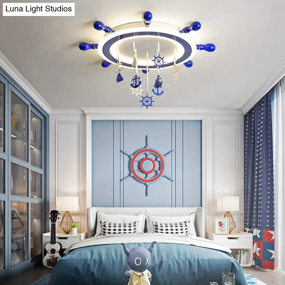DecorBites™ Children's Blue Nautical Rudder Flushmount LED Ceiling Light with Anchor Deco - Warm/White