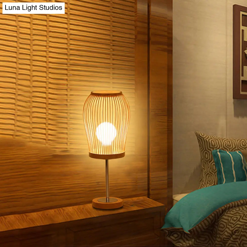 Lámpara de escritorio tipo farol de bambú chino: pequeña lámpara de escritorio beige para sala de estar