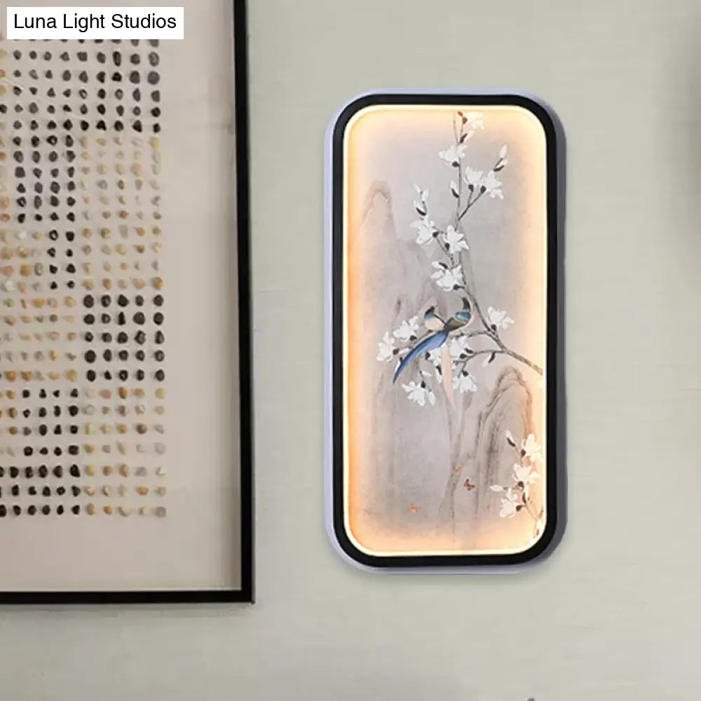 Lámpara mural de tela con diseño de pájaro y flor china: Iluminación LED de pared, blanco y negro