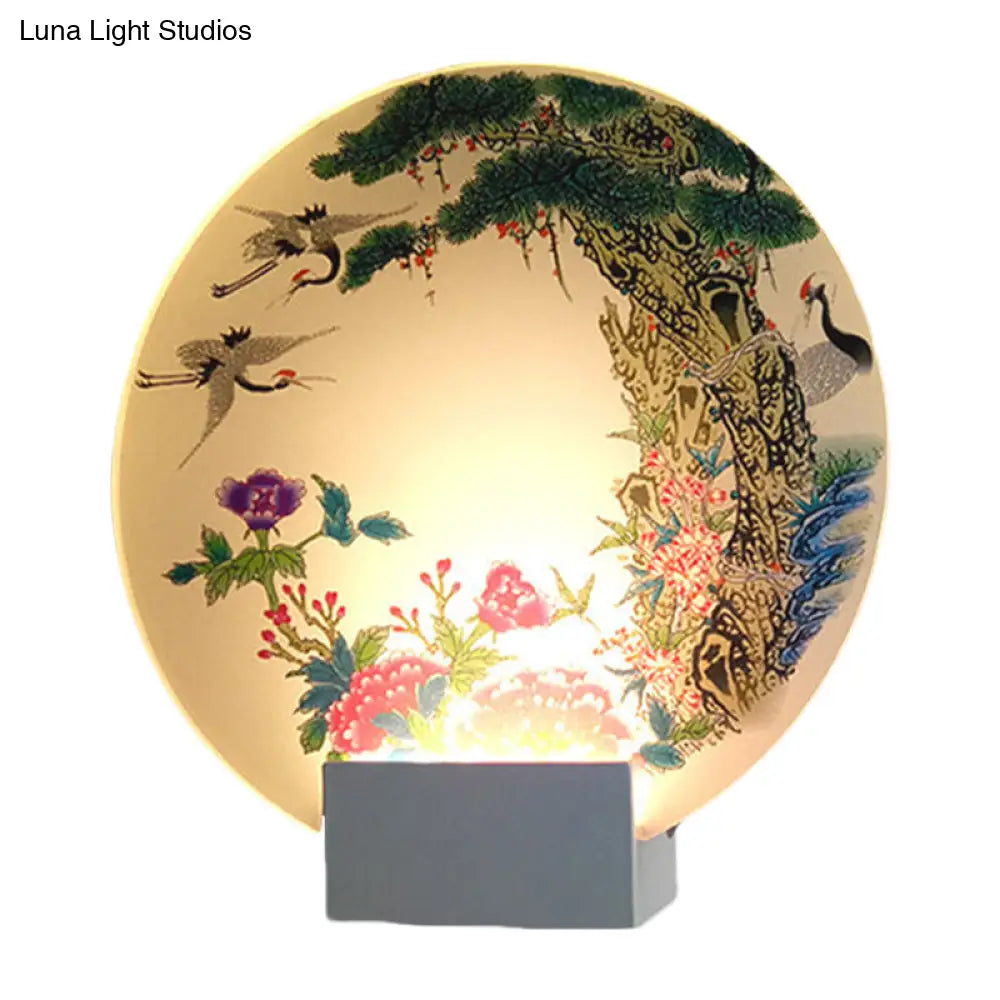 Aplique de pared LED chino con diseño de Halcyon y peonía - Forma de disco blanco