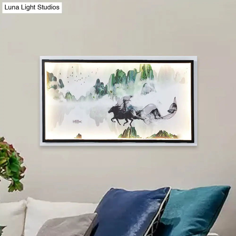Chinese Steed and Landscape Mural LED Wall Lamp in Black - Fabric Parlor Lighting