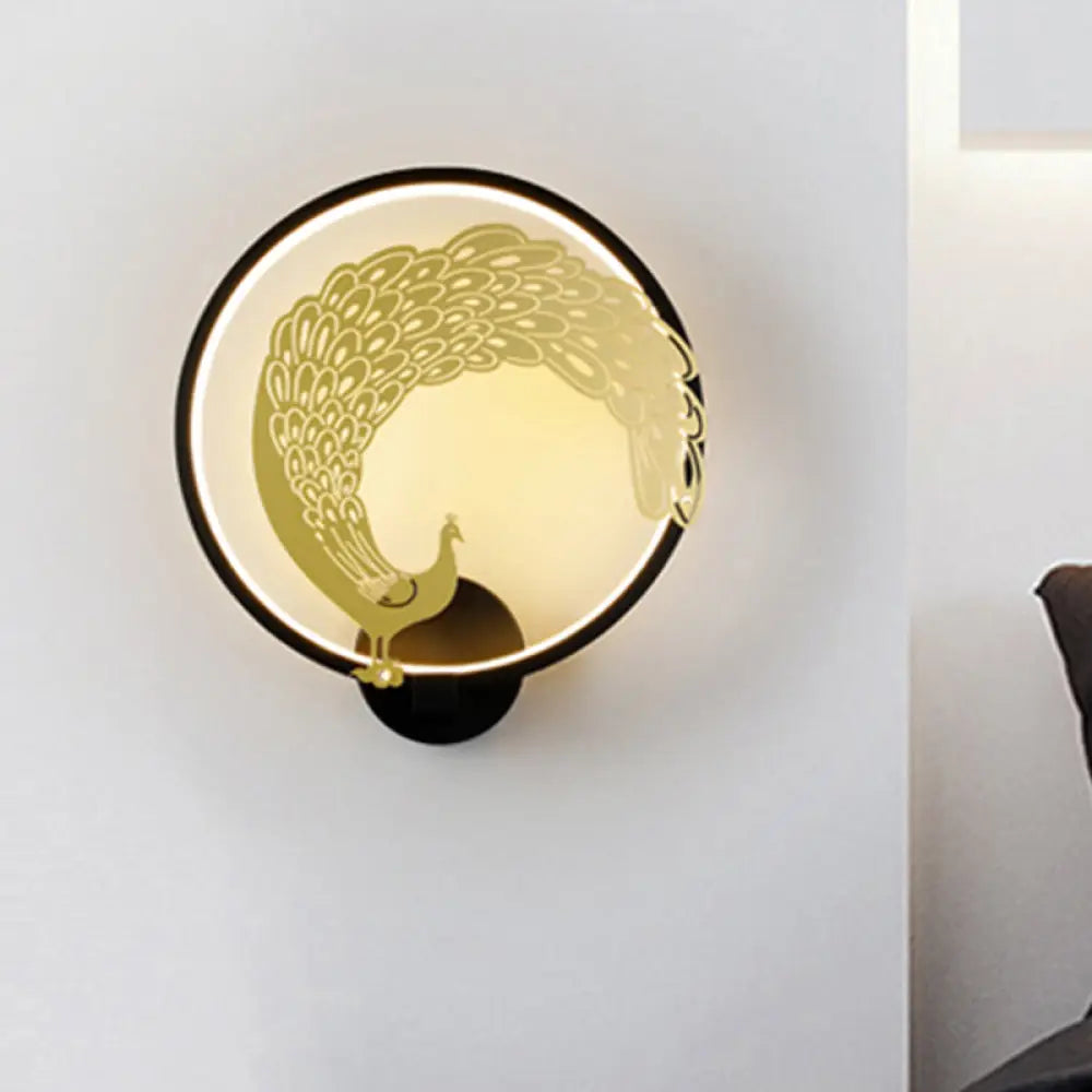 Chinese Style Acrylic LED Wall Mounted Lamp with Circular Wall Mural - Black/White, Left/Right Side