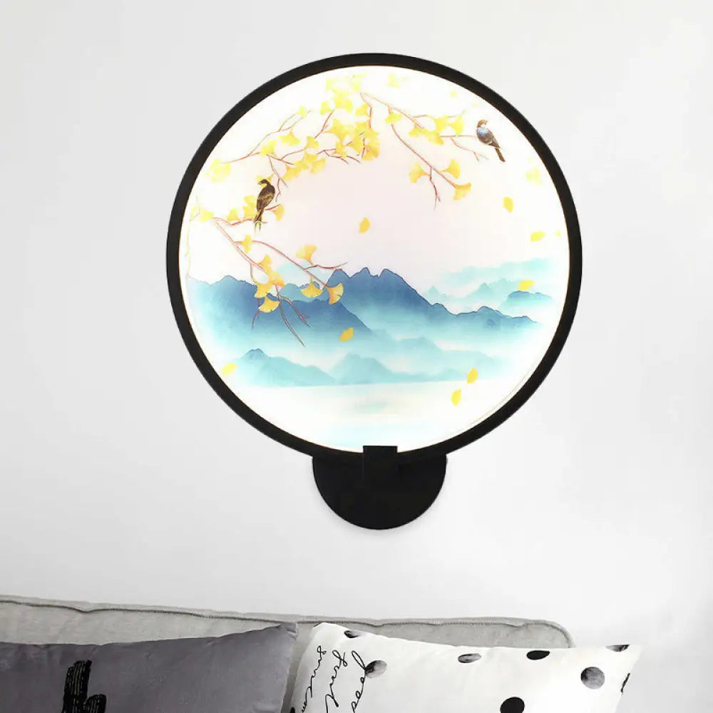 Chinese Style Acrylic LED Wall Sconce in Black – Ginkgo/Blooming Plum Mural Light Fixture for Bedrooms