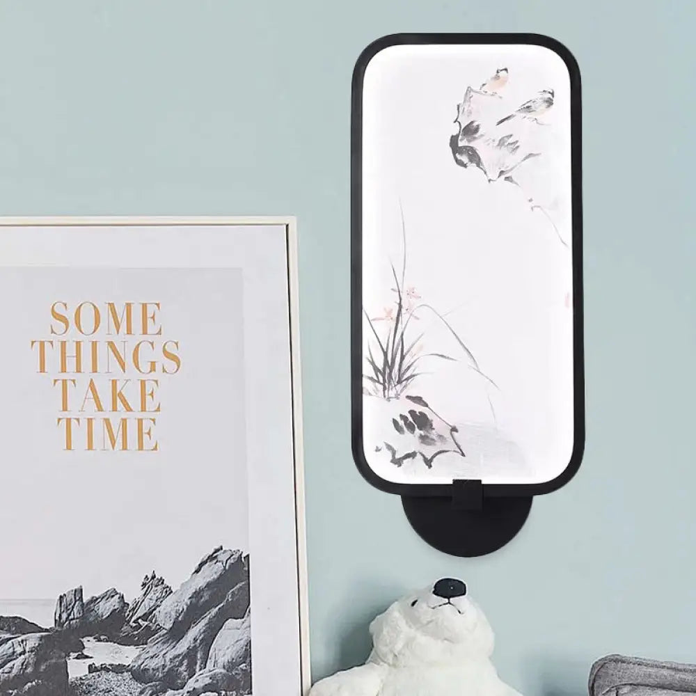 Lámpara LED mural de pared acrílica de estilo chino: rectangular, negra, para montaje en pared con diseño de pájaro