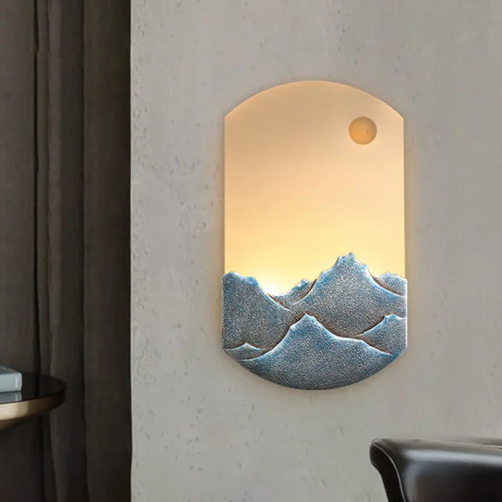 Chinese Style LED Oval Wall Mural Light - Silver/Brown Acrylic Mount with Mountain Pattern for Bedroom