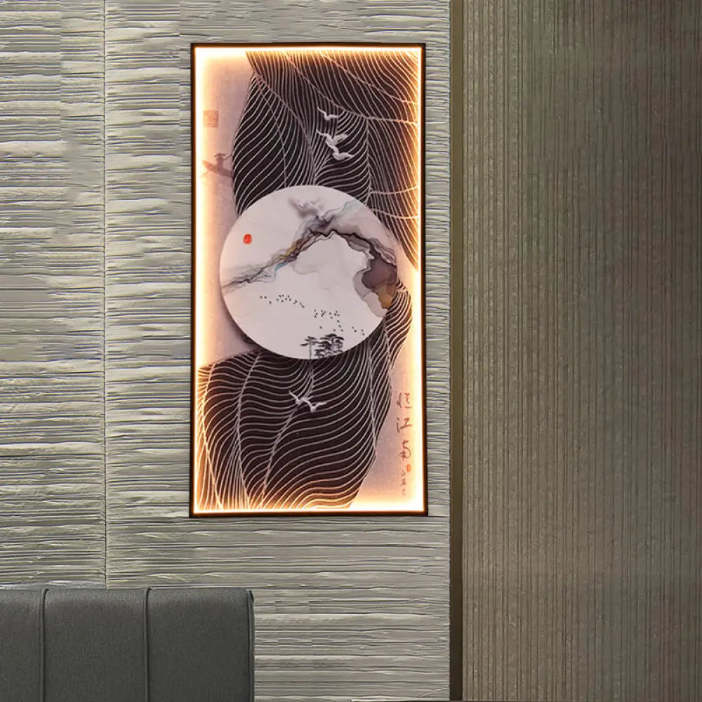 Chinese Style LED Wall Lamp - Fabric Script/Landscapes Mural Lighting - Black