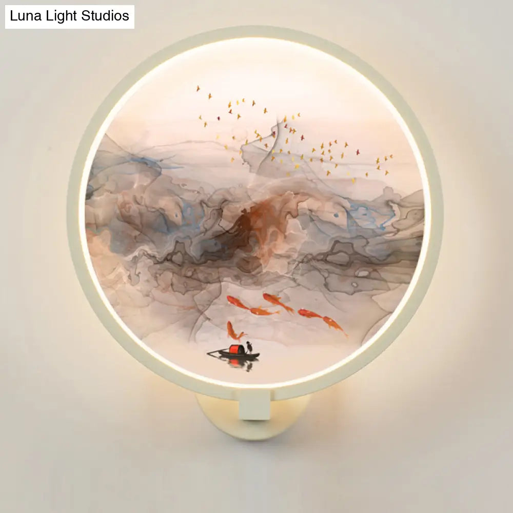 Chinese Style LED Wall Light - White Acrylic Mural Lamp for Hallway with Fish and Bird Design
