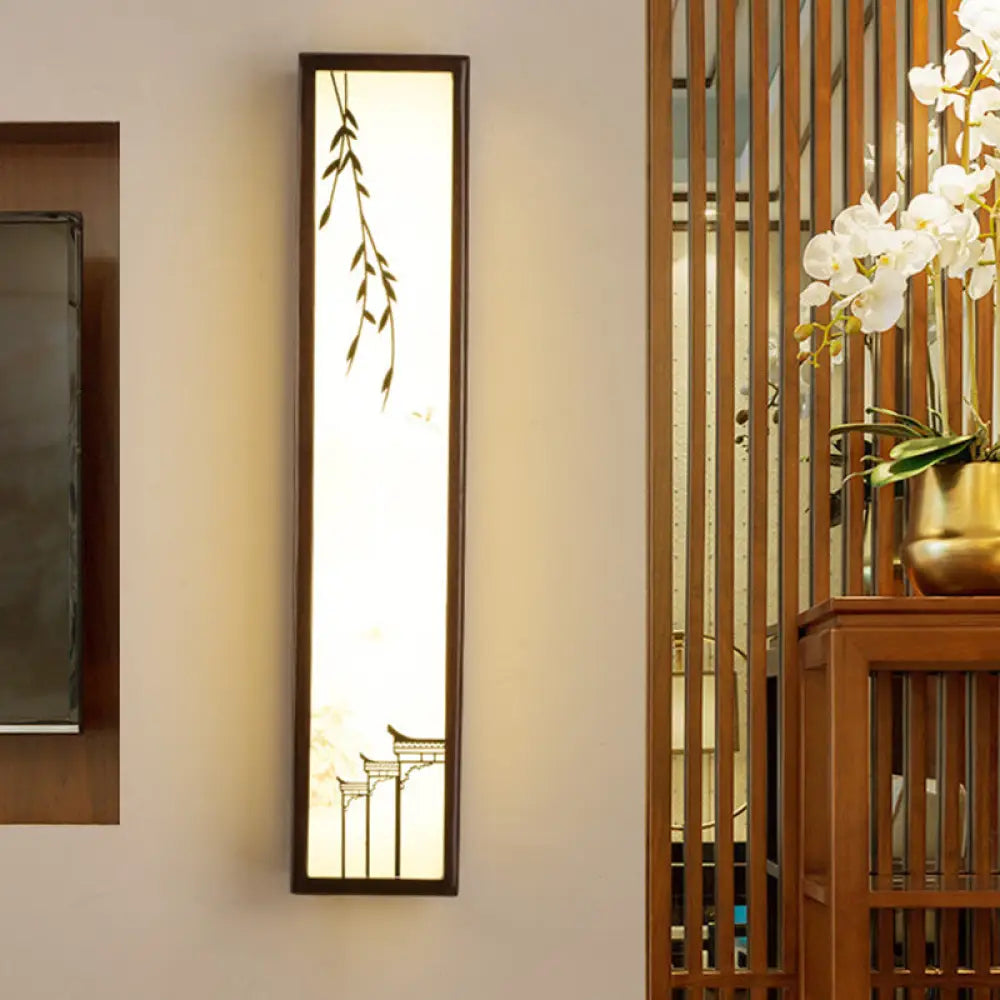 Chinese Style LED Wall Mural Lamp - Acrylic Brown Rectangle Wall Mounted Light with Lotus/Leaf Pattern