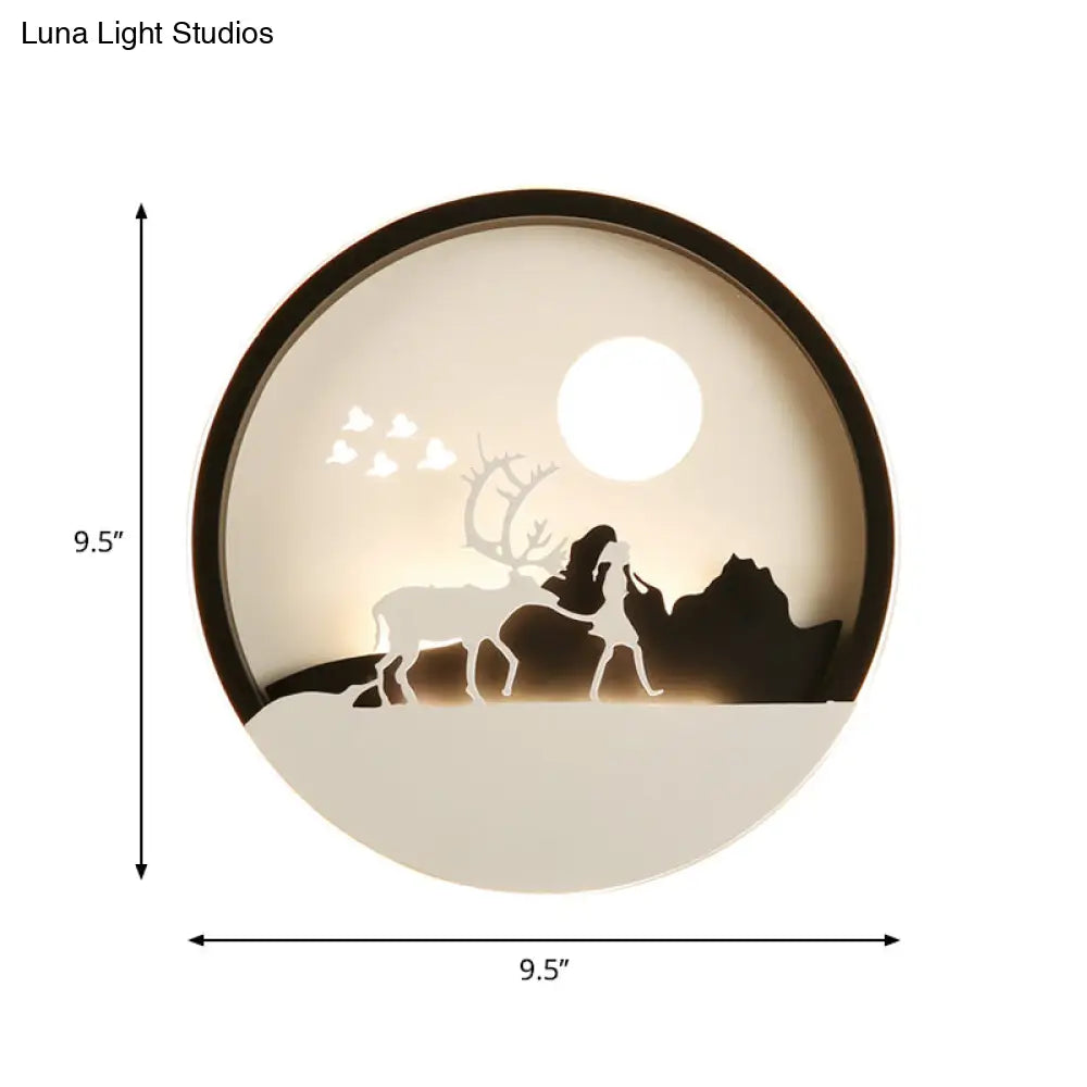 Lámpara de pared circular acrílica con diseño de ciervo en negro minimalista - Luz LED de montaje en pared