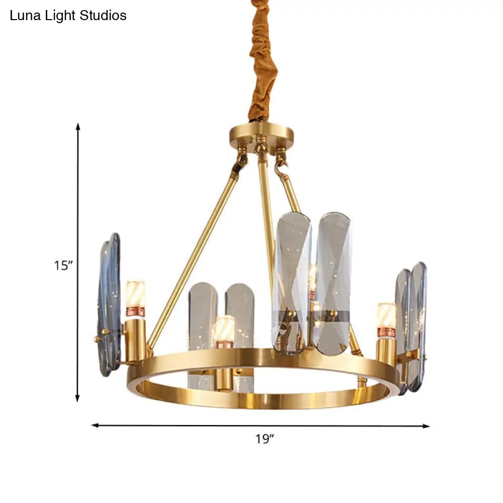 Lámpara de araña circular de latón con 4 cabezales modernistas y panel ovalado de cristal gris humo