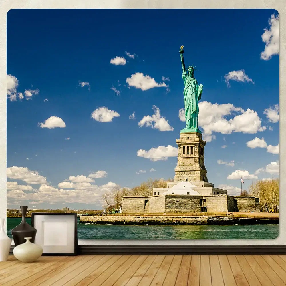 Green copper statue of liberty tapestry wall hanging on stone pedestal for living room city night bohemian decorbites city night