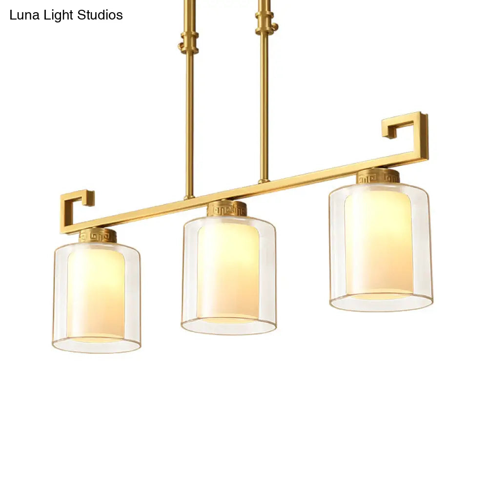DecorBites™ Classic 2-Layer Cylinder Island Lighting: Clear and Opal Glass Pendulum Lamp, 3 Heads, Brass Finish