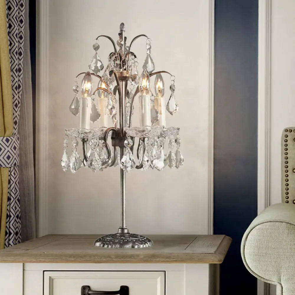 Classic Candelabra Table Lamp with 4 Crystal Drip Heads in White/Black - Perfect for Bedside Nightstand