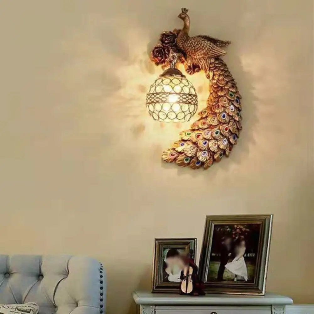 Classic Crystal Spherical Wall Lamp with Resin Peacock Backplate - 1-Light Wall Fixture