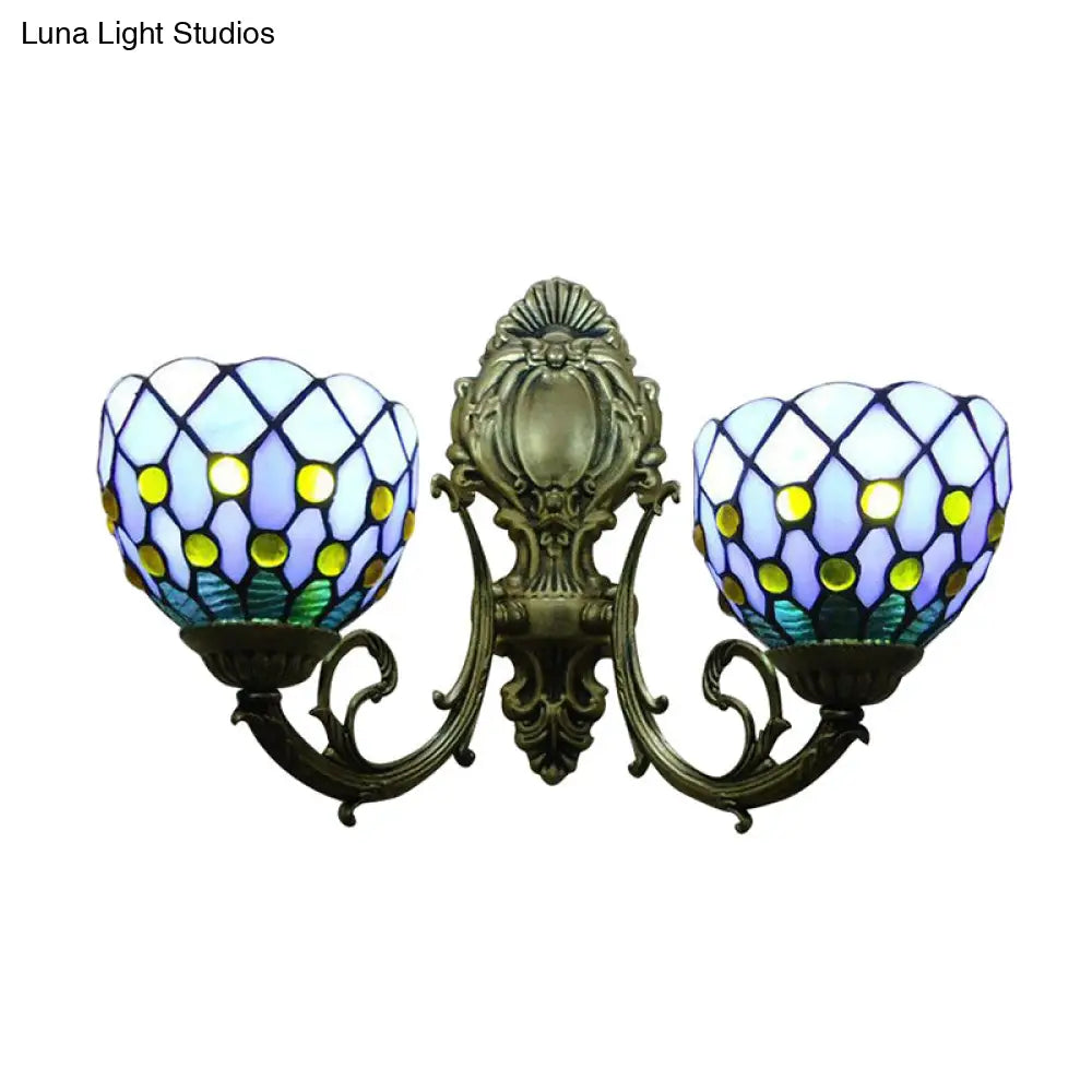 Classic Tiffany Stained Glass Domed Wall Sconce with 2 Lights - Blue Lattice Design for Bar