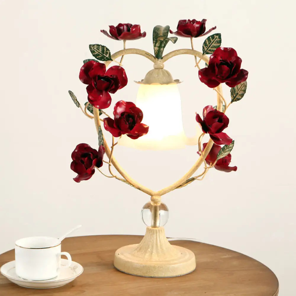 Classic White Glass Night Light with Heart Frame and Rose Design - Beige/Blue