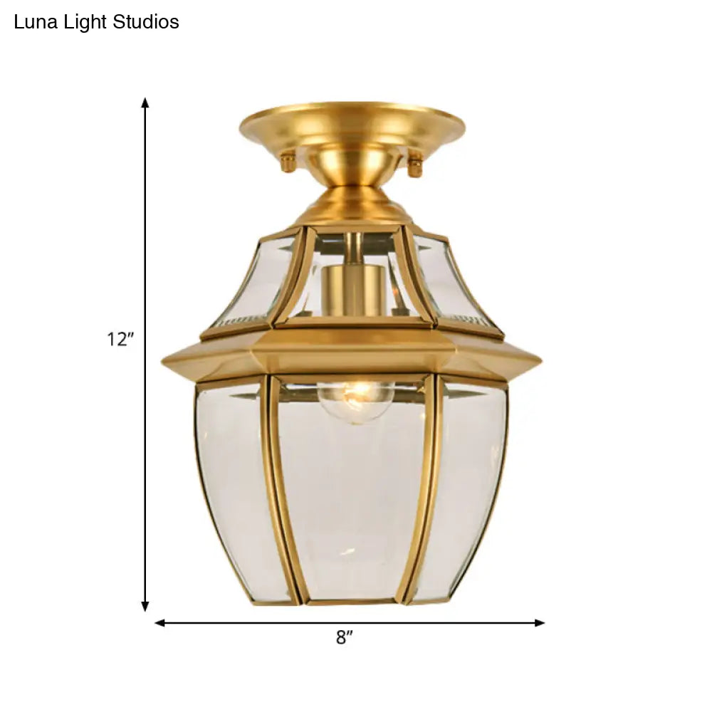 DecorBites™ DecorBites™ Clear Bevel Glass Lantern Bedroom Flush Mount Light - Colonial 1-Bulb Brass Ceiling Lamp
