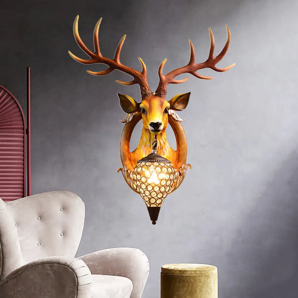 Clear Beveled Crystal Sconce with Rural White/Brown/Black Finish and Faux Elk Backplate - Bedroom Wall Lighting, Waterdrop Design - 16"/24" Width Available