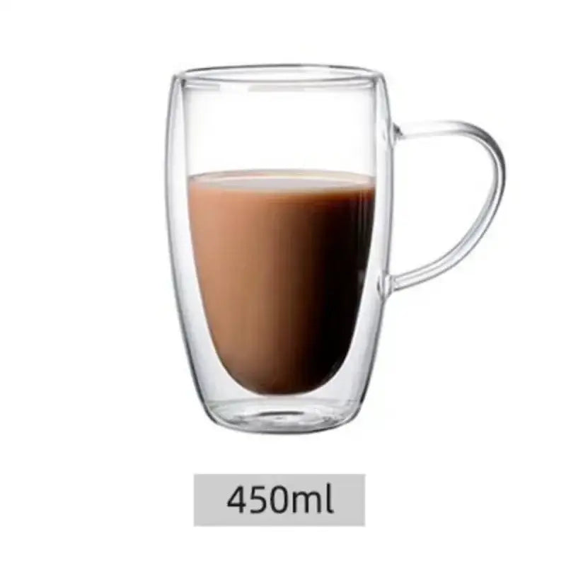 Clear double wall high borosilicate glass mug with handle filled with layered coffee and milk for dining room use