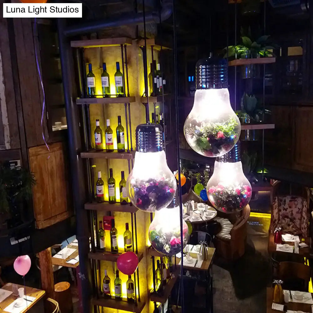 Lámpara colgante de cristal transparente con bombilla - Estilo industrial, 1 luz, con flor artificial, 15/23 cm de ancho