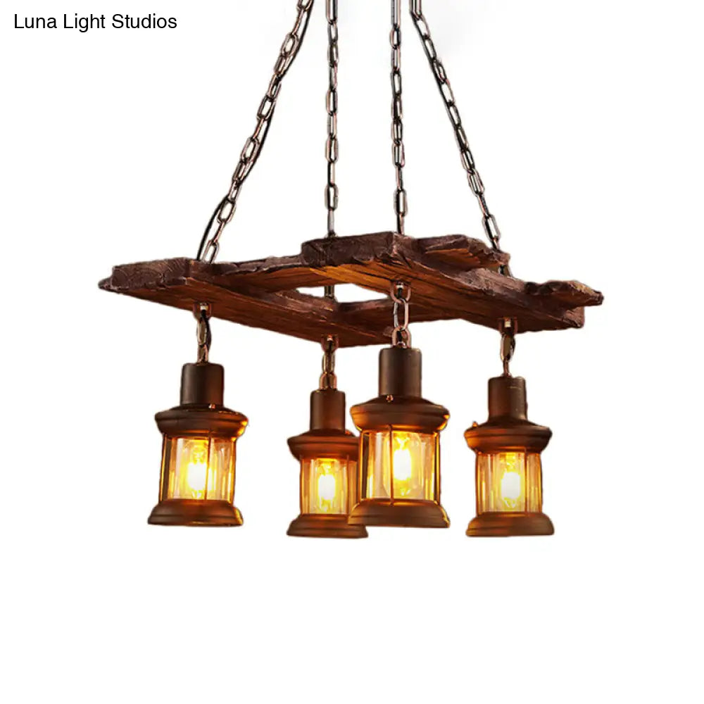 Clear Glass Chandelier Industrial Pendant Light - 4-Light Kerosene Style with Rust Chain - Ideal for Coffee Shops