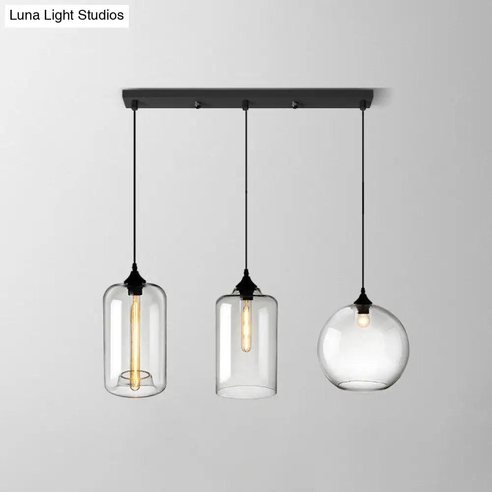 Lámpara colgante industrial de cristal transparente con pantalla y múltiples luces: Iluminación colgante de 3 bombillas para comedor